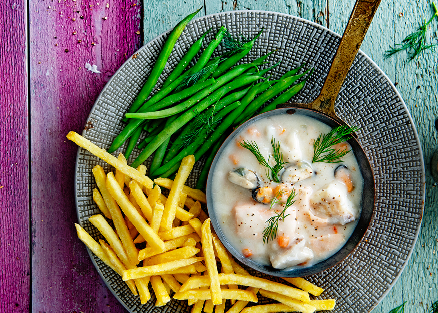 Vispannetje met dille, Fijne friet en haricots verts